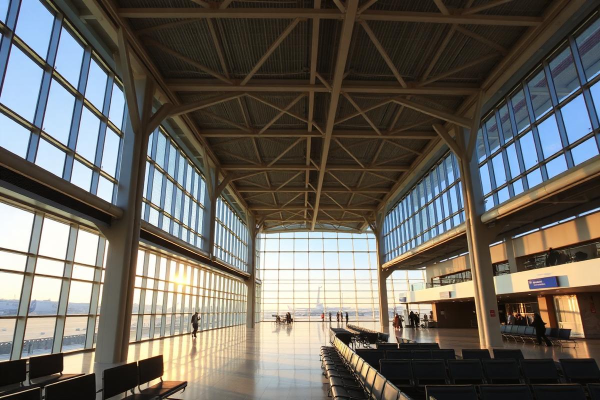 Modern airport terminal interior at golden hour